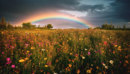 Vibrant wildflowers blossom in tranquil meadow under colorful sunset sky generated by AI