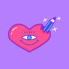 One eye love character with pencil inside, illustration for t-shirt, sticker, or apparel merchandise. With doodle, retro, groovy, and cartoon style.