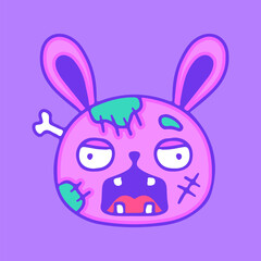 Funny zombie bunny character, illustration for t-shirt, sticker, or apparel merchandise. With doodle, retro, groovy, and cartoon style.