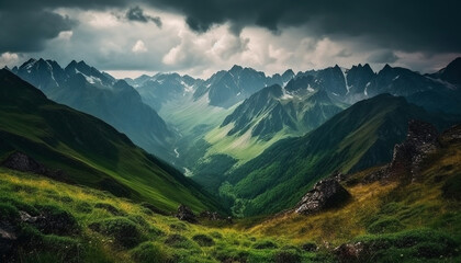 Fototapeta premium Majestic mountain range, panoramic view, tranquil meadow, autumn colors generated by AI