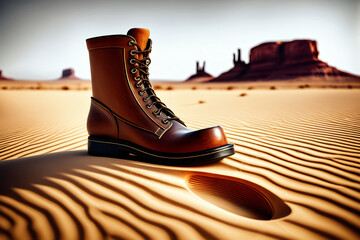 Lederstiefel in der Wüste als Konzept - obrazy, fototapety, plakaty