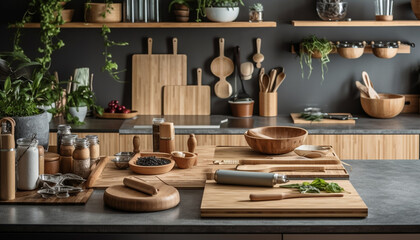 Rustic kitchen utensils on wooden table for homemade meal preparation generated by AI