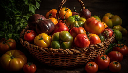 Fresh organic vegetables in wicker basket, perfect for healthy eating generated by AI