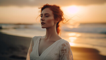 Fototapeta na wymiar One beautiful woman standing in nature, enjoying the sunset generated by AI