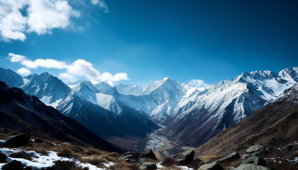 Panoramic mountain range showcases beauty in nature, perfect for extreme sports generated by AI