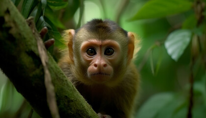 Young macaque sitting on tree branch in tropical rainforest generated by AI