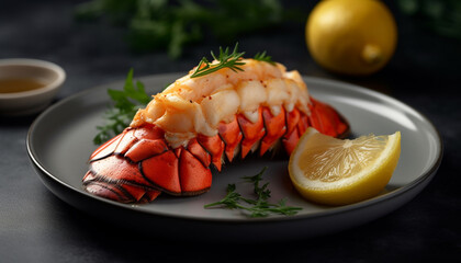 Grilled seafood plate with prawns, fish, and crustaceans, garnished with parsley generated by AI