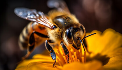 Busy honey bee collecting pollen from a yellow flower blossom generated by AI