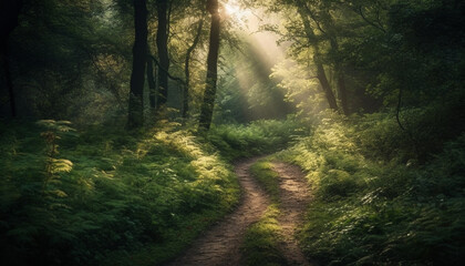Fototapeta na wymiar Tranquil forest footpath, sunlight through trees, mysterious wilderness adventure generated by AI