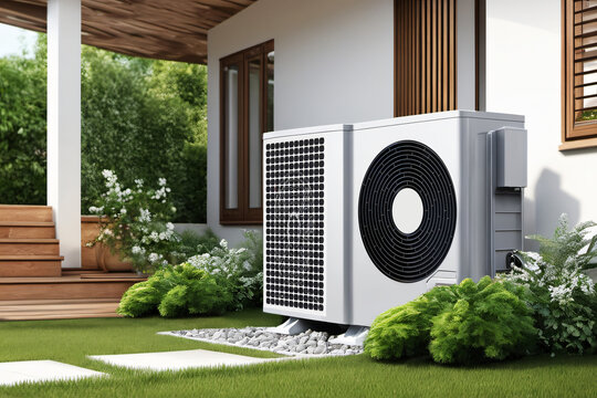 W&auml;rmepumpe im Garten vor der Hauswand