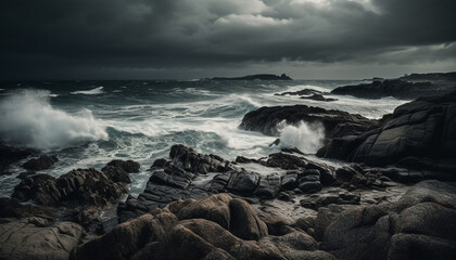 Obraz premium Breaking waves crash against rocky coastline in dramatic sunset seascape generated by AI