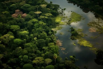 Bird's-eye view of the lush Amazon jungle. Generative AI