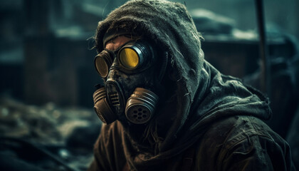 Spooky outdoors, dirty gas mask, protective workwear, fear of destruction generated by AI