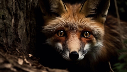 Fototapeta premium Red fox staring, cute and alert, in natural forest beauty generated by AI