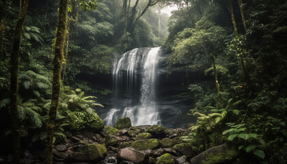 Tranquil scene of a tropical rainforest with flowing water and ferns generated by AI