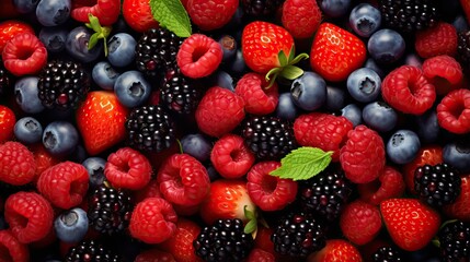 Berry mix of strawbwerry blueberry raspberry, colorful full background