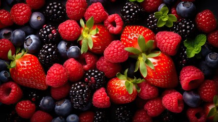 Berry mix of strawbwerry blueberry raspberry, colorful full background