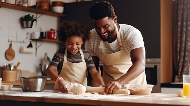 Black family having fun prepare bakery together, Father and son