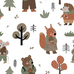 Seamless pattern with bear, hedgehog, squirrel, mouse and leaves on a white background for children's textiles, scrapbooking paper, cards.