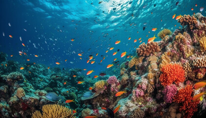 Colorful underwater reef teeming with tropical fish and aquatic beauty generated by AI