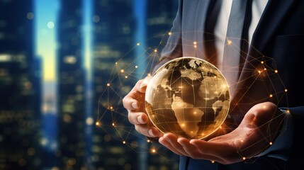 Business man hold 3D globe, Business and economic technology connecting global