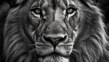 Fototapeta premium Majestic lion staring at camera, focus on large animal head generated by AI