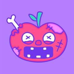 Zombie apple character with bone inside, illustration for t-shirt, sticker, or apparel merchandise. With doodle, retro, groovy, and cartoon style.