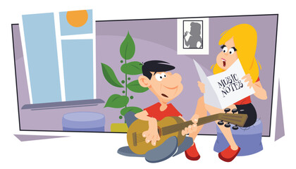 Girl scolds guy with guitar. Illustration for internet and mobile website.