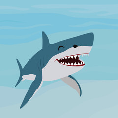 Vector illustration of happy white shark animal cartoon character on blue deep ocean background