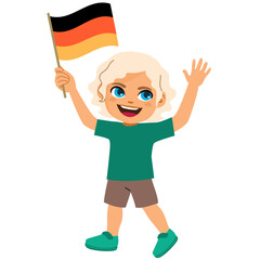 Vector illustration of German boy waving Germany flag isolated on white background. Happy kid raising arm welcoming