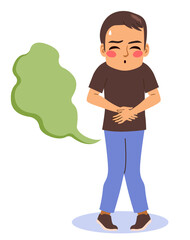 Man farting with smelly from his bottom due to health problems. Embarrassed male character with gastrointestinal issue flatulence isolated on white background