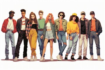 Fototapeta premium Group of teenagers dressed in 90s style clothing 
