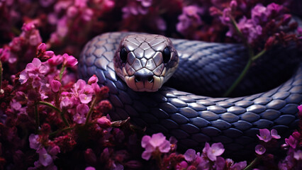 Poisonous snake in purple flowers.