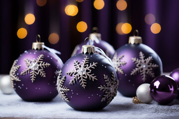 Fototapeta premium Sparkling Purple Christmas Ball Ornaments and Snowflakes in Festive Arrangement