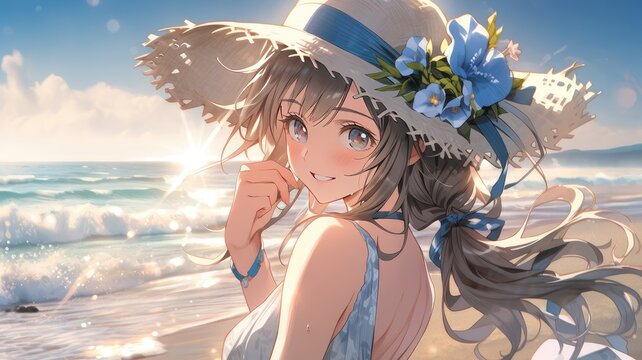 A Stunning Anime Girl by the Sea. Captivating Seashore Beauty