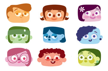 Set of vector avatars on a white background. Funny faces of different people in different bright colors.