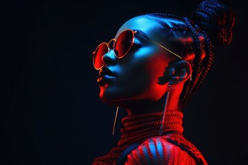 Young African woman with sunglasses in dark room with red light