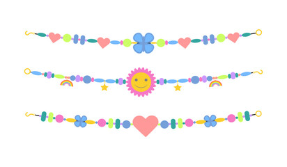 Handmade plastic bead bracelets. Friendship bracelets, kids handcraft cute accessories with with colored beads flat vector illustration set