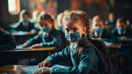 Children with masks, let's block viruses - obrazy, fototapety, plakaty