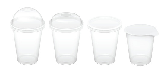 Realistic Transparent Disposable Plastic Cups With Lid. For various drinks, lemonade, fresh, coffee or ice cream. Mock up for brand template. vector illustration.