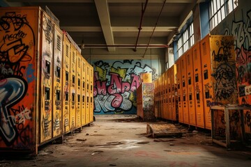 Decaying school with graffiti-covered bright orange lockers. Generative AI