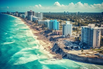 Fototapeta premium Building collapse in Miami Beach Florida. Panorama of city, ocean. Beautiful view of houses, hotels, resorts on island. Turquoise water. Generative AI