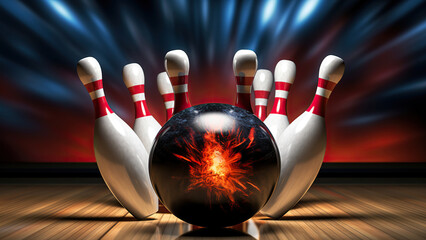 The bowling ball is ready to be hit. Image of a bowling ball hitting pins and exploding.  - obrazy, fototapety, plakaty