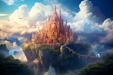 Enchanted palace hidden in clouds, perfect for fantasy journey wallpaper. Generative AI