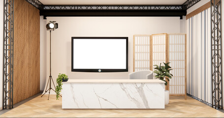 Studio room camera Modern Film Studio with blank white Screen.