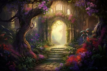 A serene enchanted garden with floral arches and lush foliage. A mystical painting of nature. Generative AI