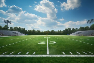 Football field with 50 yard line and a game in progress. Generative AI