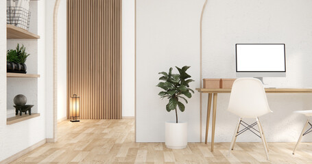 Computer and office tools on desk room interior design.