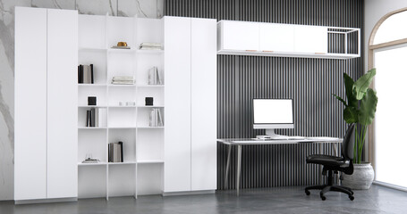 The interior Computer and office tools on desk room white japan style interior design.