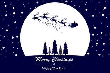 Silhouette Santa Claus Riding Sleigh flying Reindeer into the forest. Christmas night on full Moon. Christmas tree.